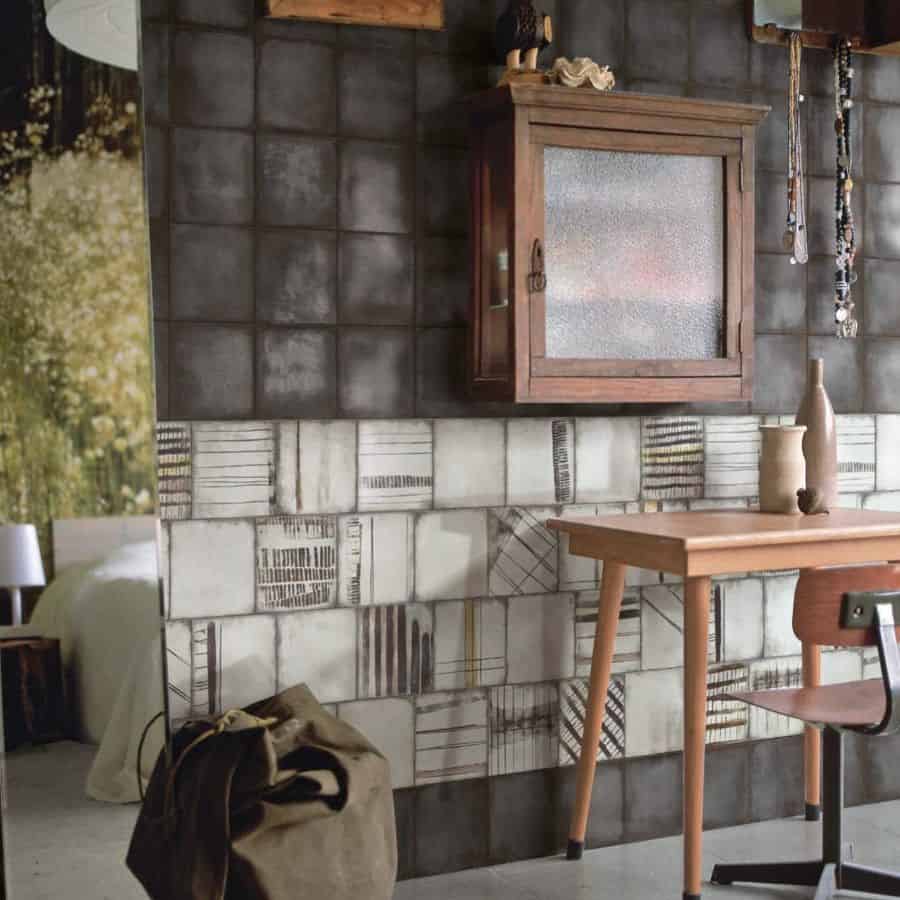 rustic bedroom tile wall small brown desk and chair
