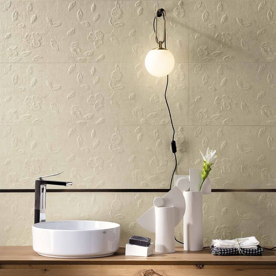 textured plant tile bathroom wall