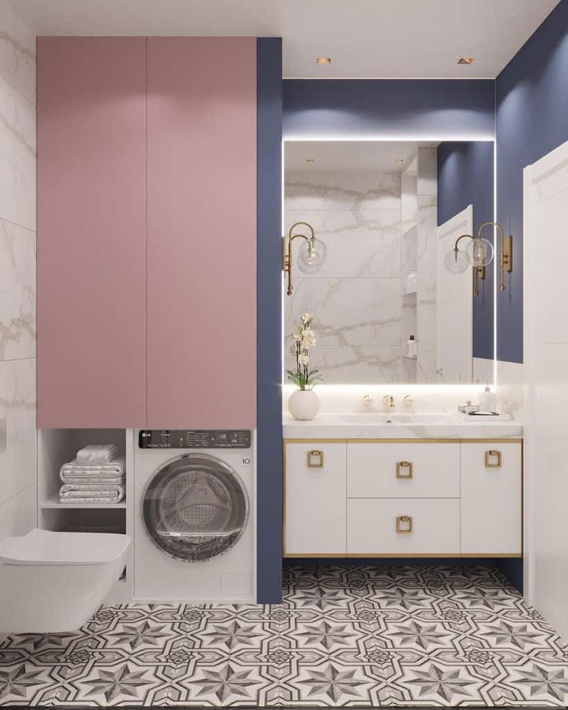 pink and white cabinet laundry powder room pattern tile floor