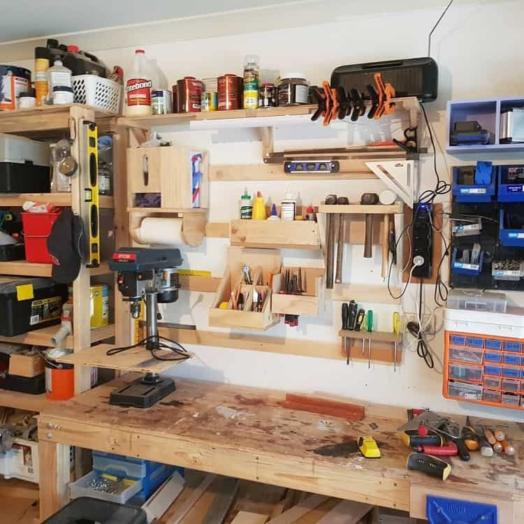 cluttered timber wooden garage shelves 