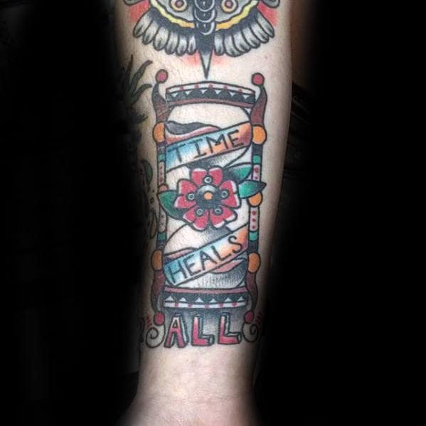 Time Heals Banner Traditional Hourglass Mens Forearm Tattoo