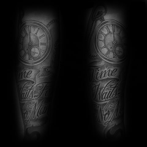 Black and grey tattoo featuring a pocket watch with Roman numerals and elegant script reading Time Waits for No Man.