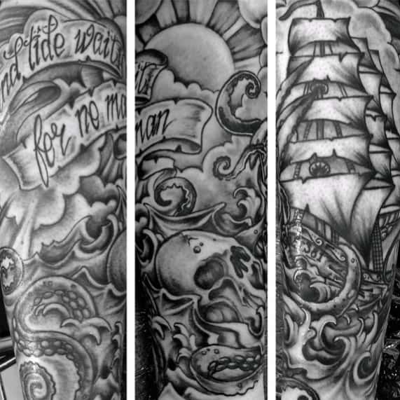 Nautical-themed sleeve tattoo in black and grey with a ship, octopus, skull, crashing waves, and the phrase Time and Tide Wait for No Man.