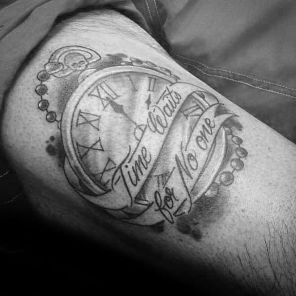 Black and grey tattoo of a pocket watch with Roman numerals, beaded chain, and banner text reading Time Waits for No One.