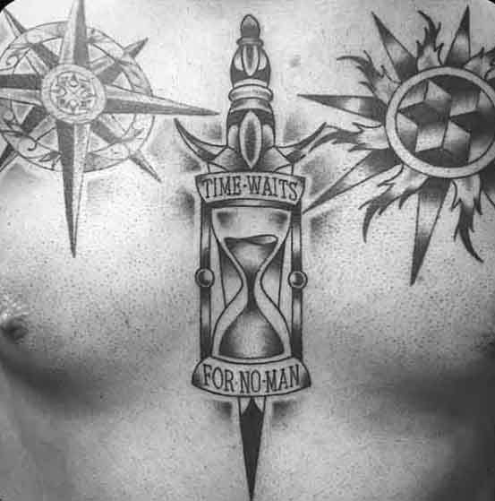 Chest tattoo featuring a shaded hourglass flanked by compass designs and a banner that reads Time Waits for No Man.