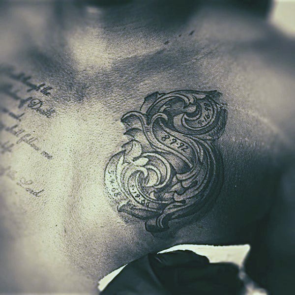 Tiny Lettering Tattoo Mens Chest