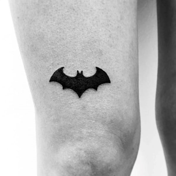 Tiny Mens Black Ink Batman Symbol Thigh Tattoo