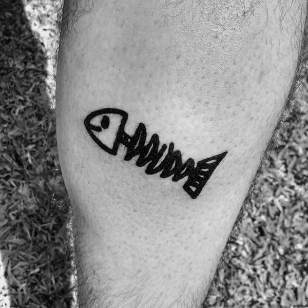 Tiny Mens Black Ink Minimalist Fish Skeleton Tattoos