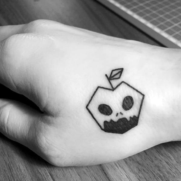 Tiny Mens Black Ink Outline Apple Hand Tattoo
