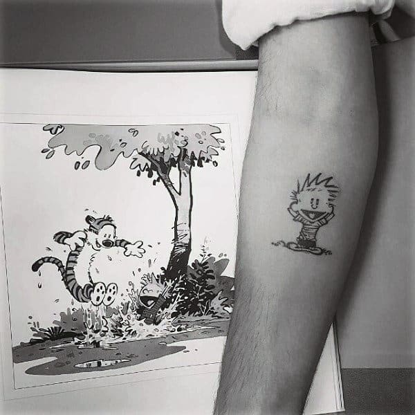 Tiny Mens Calvin And Hobbes Black Ink Tattoo On Inner Forearm