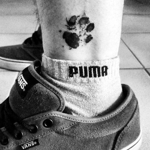 Tiny Mens Dog Paw Lower Leg Tattoos With Watercolor Design