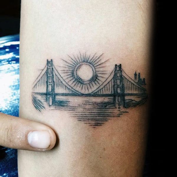 Tiny Mens Golden Gate Bridge Tattoo On Forearm