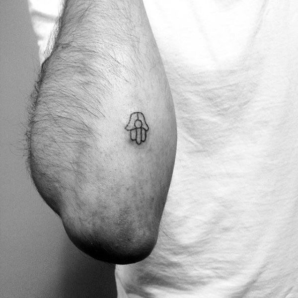 Tiny Mens Hamsa Outer Forearm Tattoo With Black Ink Outline Design