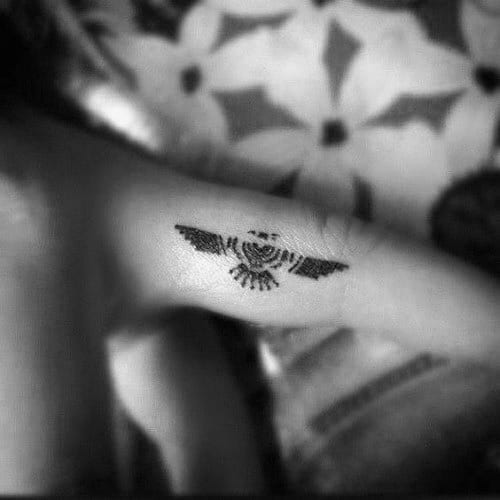 Tiny Mens Tribal Bird Finger Tattoo
