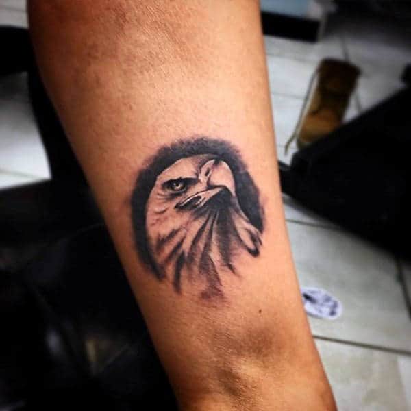 Tiny Sharp Beaked Bald Eagle Tattoo Guys Forearms
