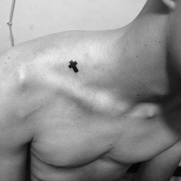 Tiny Simple Cross Mens Collar Bone Tattoo