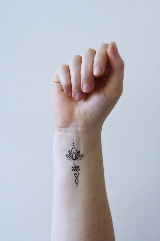 Unalome tattoo with a lotus on the wrist, symbolizing spiritual enlightenment, growth, and the journey toward inner peace.