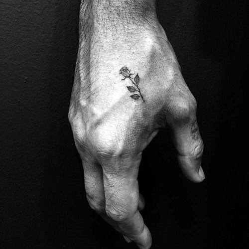 Tiny Smal Rose Flower Simple Hand Tattoo On Men