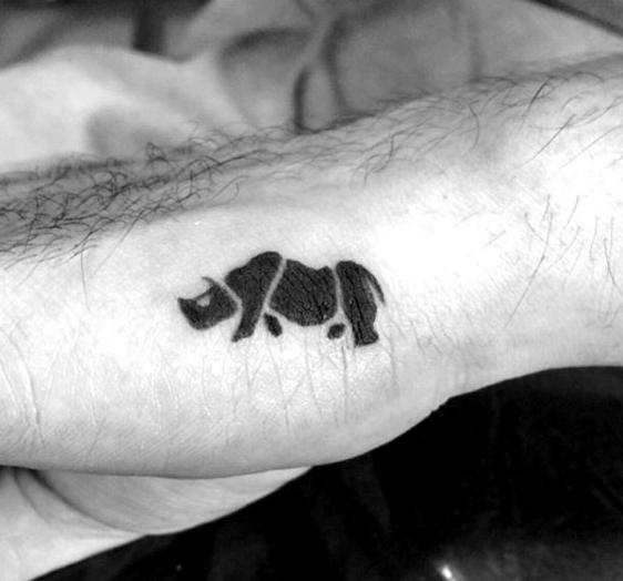 Tiny Small Black Ink Rhino Mens Hand Tattoo