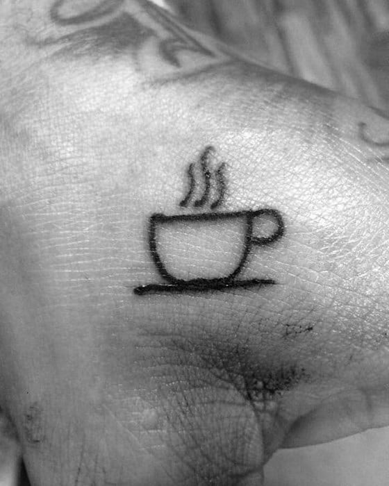 Tiny Small Mens Badass Coffee Cup Black Ink Outline Hand Tattoo