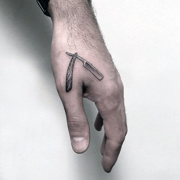 Tiny Straight Razor Tattoo Male Hands