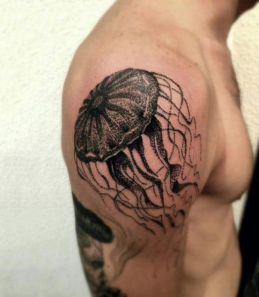 Tiny Umbrella Shaped Gray Jellyfish Tattoo Male Shoulders