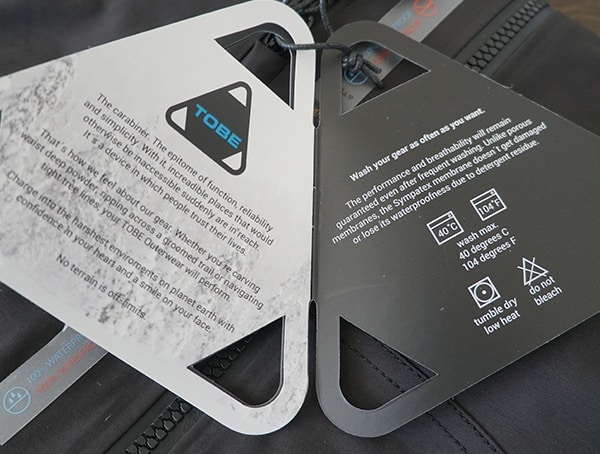 Tobe Novo Jacket Care Instructions Tag