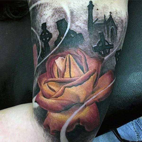 Tombstones Sleeve Tattoo For Men With Color Rose Flower