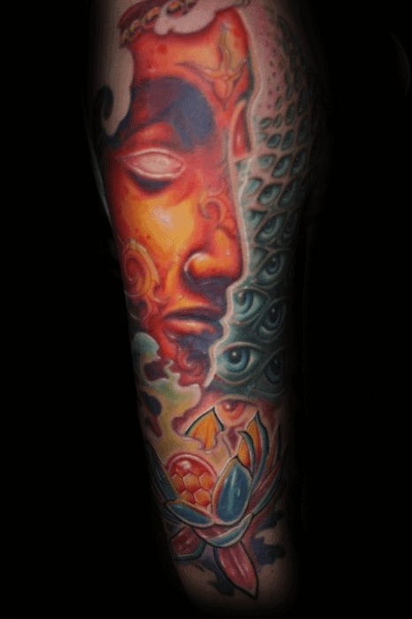Colorful Tool-inspired tattoo sleeve featuring a serene face in fiery tones, a background of layered eyes, and a koi fish with lotus below.