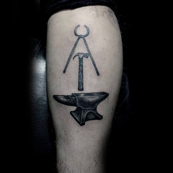 Tools Hammer Anvil And Tongs Mens Blacksmith Tattoo On Thigh Of Leg