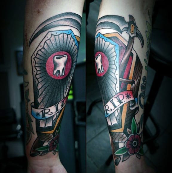 Tooth Coffin Rip Male Tattoo On Forearm