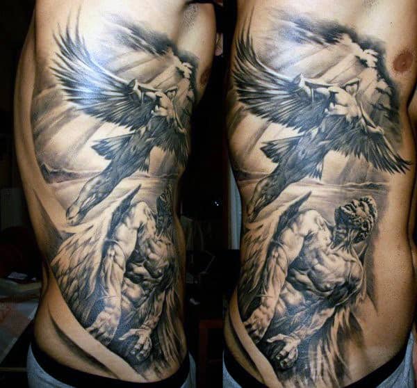 Detailed tattoo of an angel with wings and a muscular figure on a person's side torso