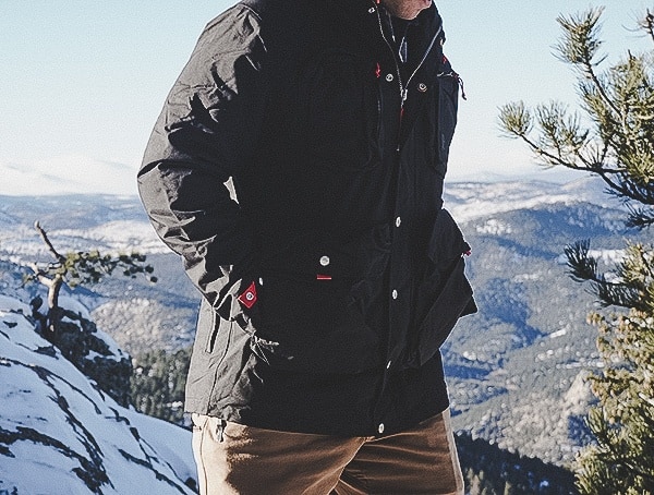 Topo Designs Mens Mountain Jacket Review Outdoors On Mountain With Snow