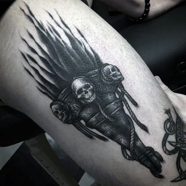 Torch Fire Mens Skull Tattoo Thigh Ideas