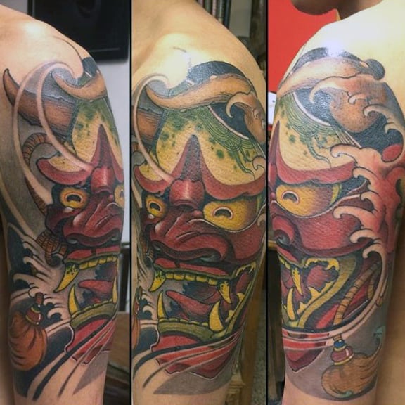 Tormented Guys Hannya Mask Half Sleeve Tattoo Ideas