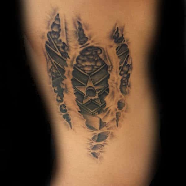 Torn Skin Black Ink United States Air Force Symbol Arm Tattoos For Men