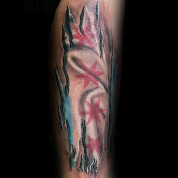 Torn Skin Chicago Flag Tattoo On Forearm Of Gentleman