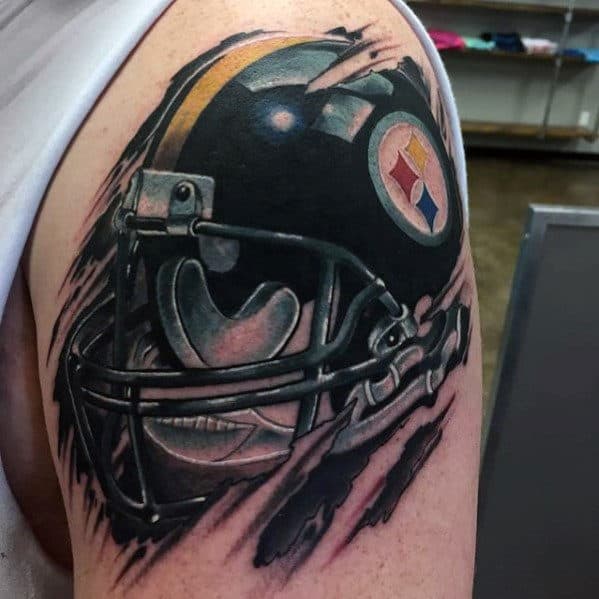Torn Skin Guys Football Helmet Nfl Pittsburgh Steelers Tattoo On Arm