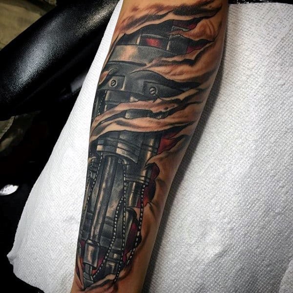 Torn Skin Guys Leg Sleeve Terminator Cyborg Robotic 3d Tattoos