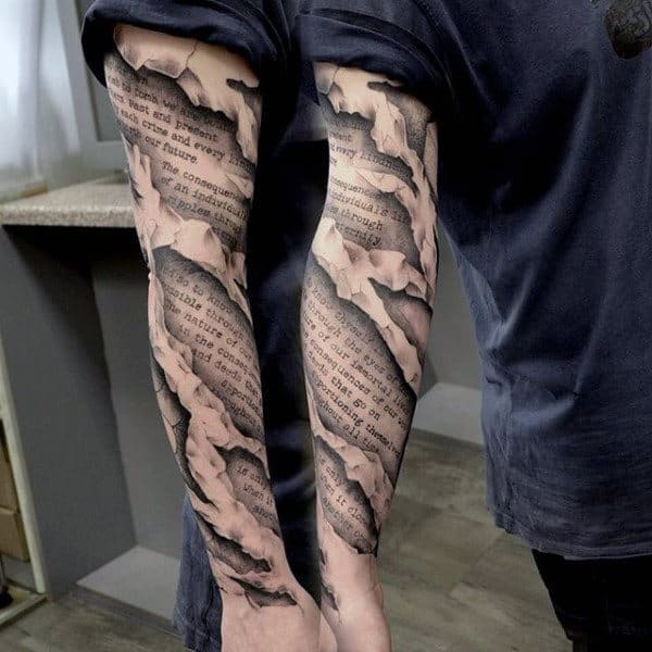 Torn Skin Mens 3d Quote Scroll Unique Sleeve Tattoo