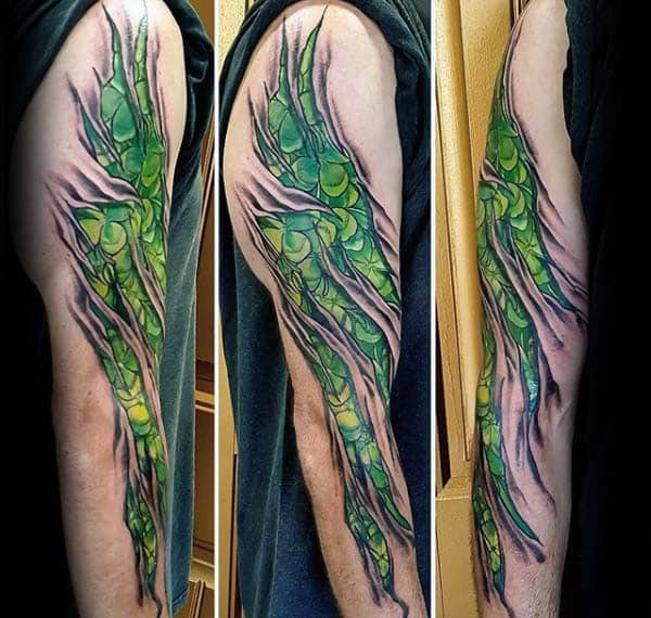 Torn Skin Mens Full Arm Irish Green Four Leaf Clover Tattoos