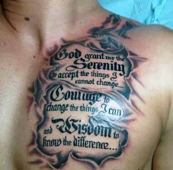 Torn Skin Serenity Prayer Male Upper Chest Tattoo