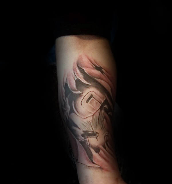 Torn Skin Welding Male Forearm Tattoos