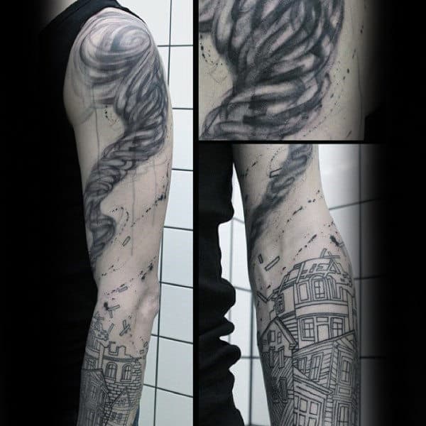 Tornado Pulling Apart House Mens Watercolor Arm Tattoos