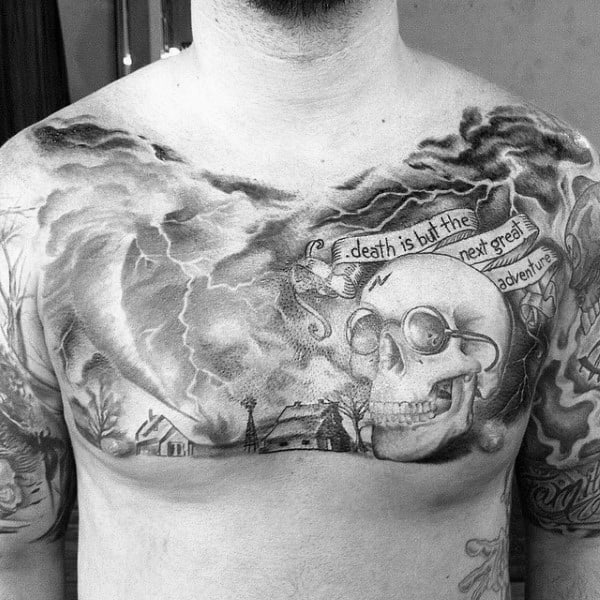 Tornado With Stormy Weather And Farm Mens Upper Chest Tattoos