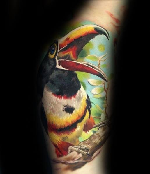 Vivid realistic toucan tattoo with an open beak, perched on a branch against a bright sky and leafy background on the upper arm.
