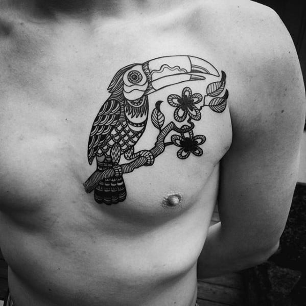 Linework toucan tattoo on the chest with intricate patterns, perched on a branch with stylized flowers for a bold black ink design.