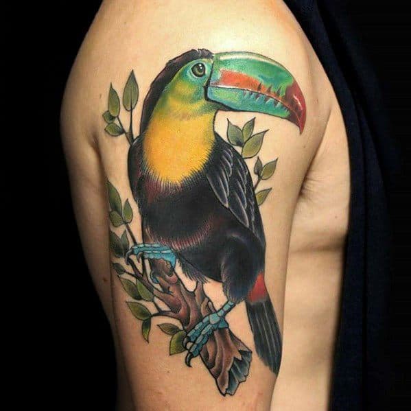 Vibrant toucan tattoo on the upper arm with a green and red beak, perched on a branch with green leaves and detailed feather work.
