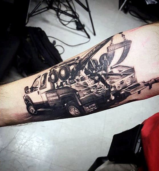 Tow Truck Mens Inner Foream Tattoo With Realistic 3d Design