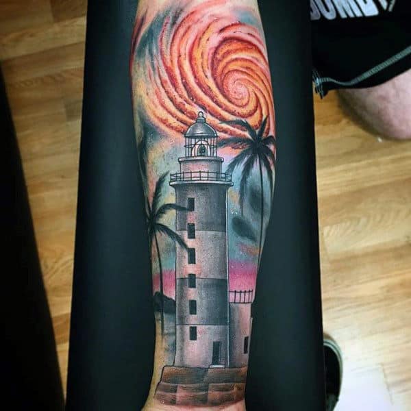 Tower And Palm Tree Tattoo For Men On Arms